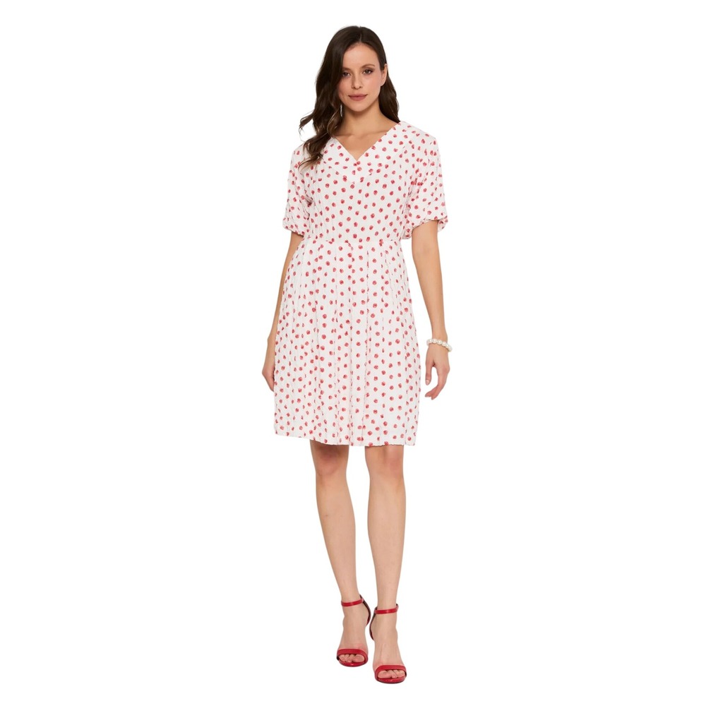 Red And White Polka Dot Crepe Short Dress V-Neck Puff Sleeve A-Line